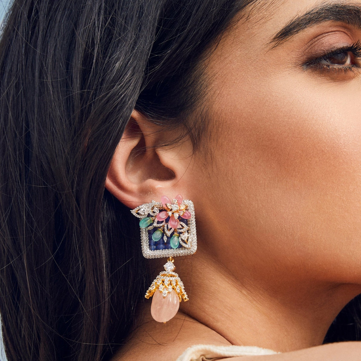 Square Bouquet CZ Silver Drop Earrings