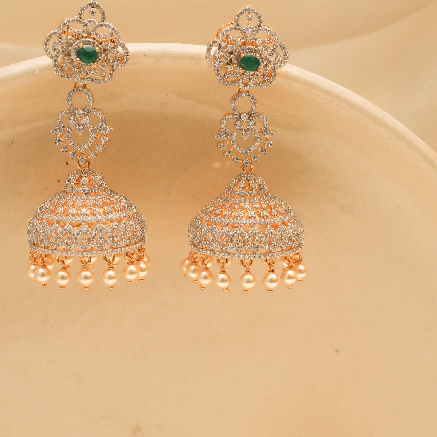 Camellia Floral CZ Silver Jhumka Earrings