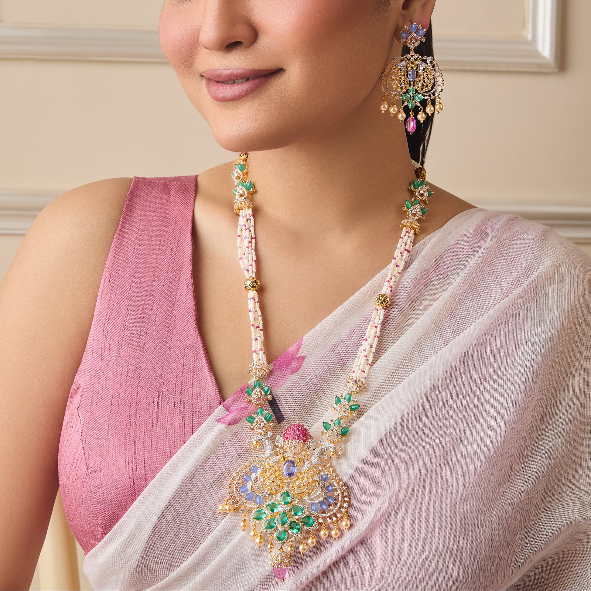 Roshani CZ Long Silver Necklace Set