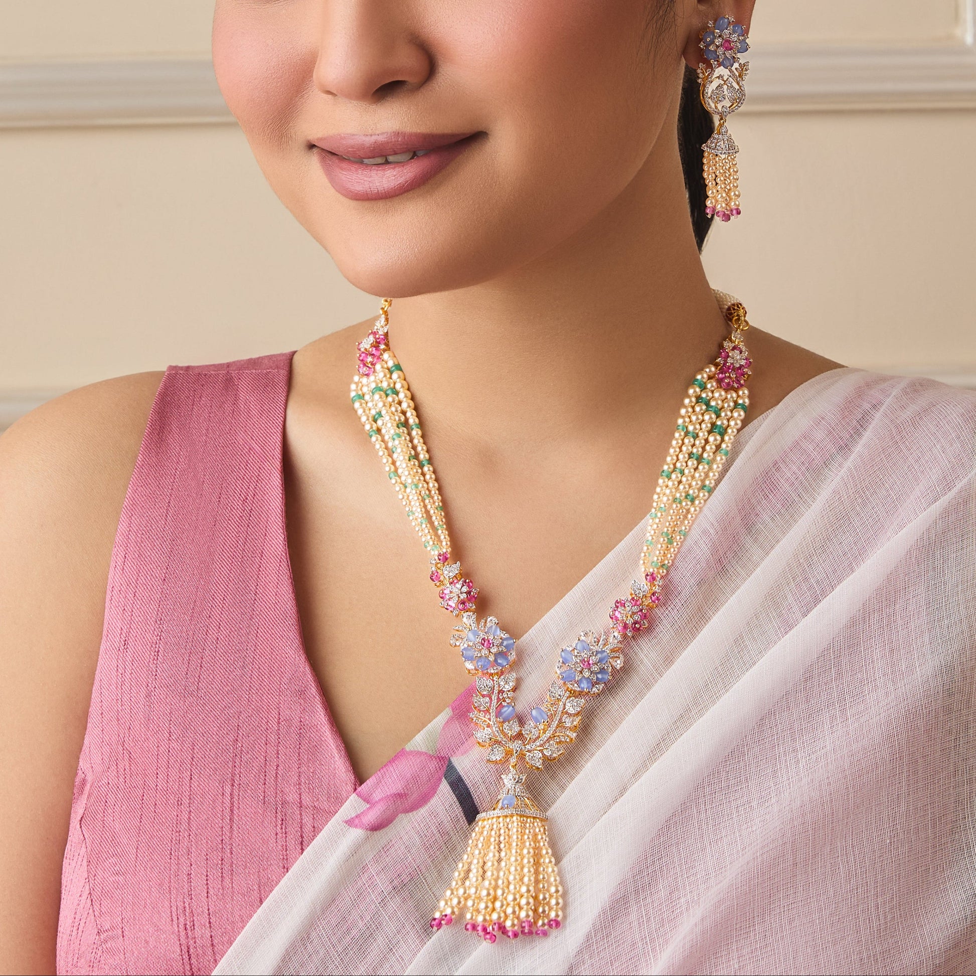 Priya CZ Long Silver Necklace Set