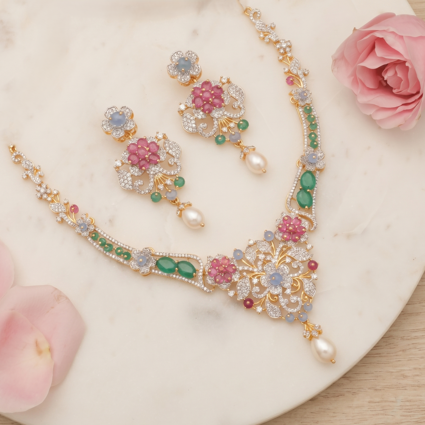 Anaya CZ Silver Necklace Set