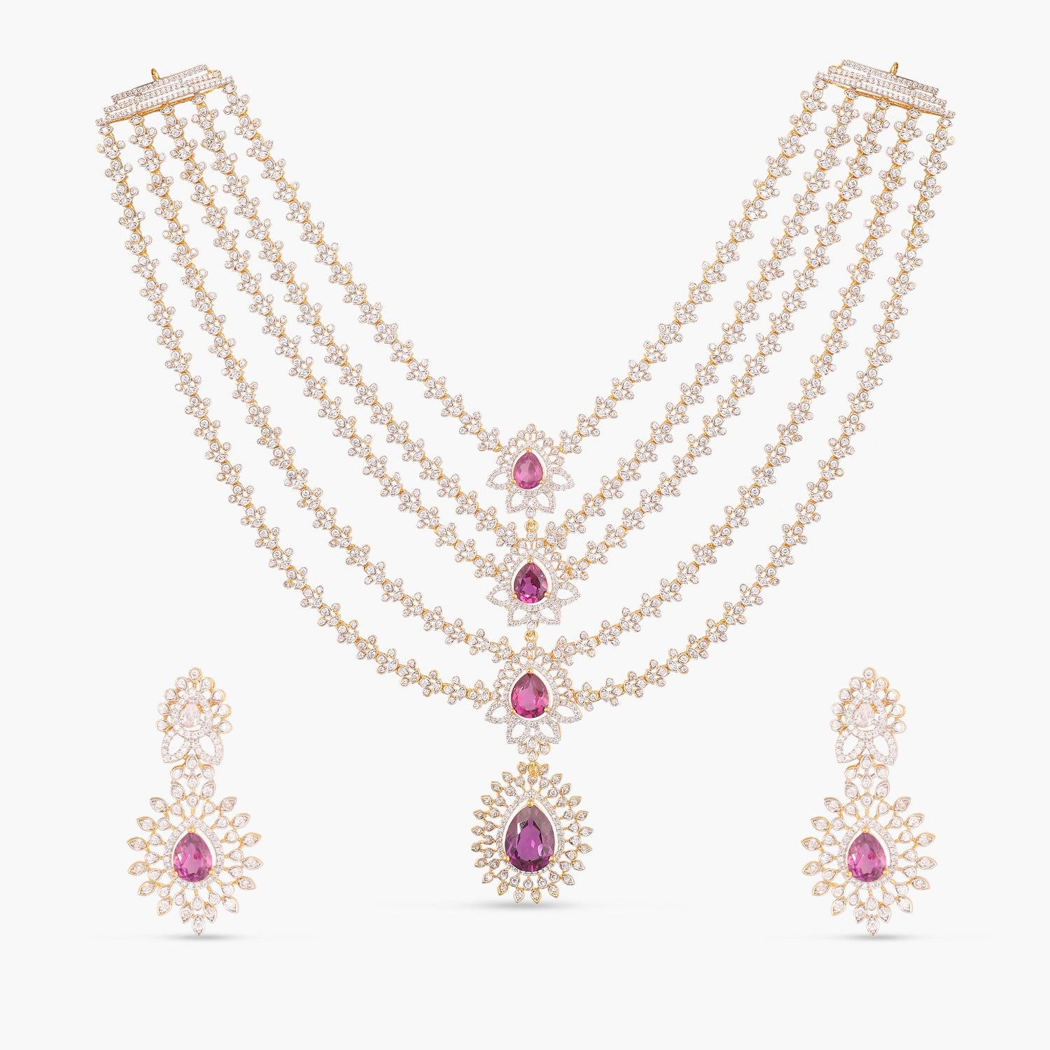 Pink Serenity Multi-Layered Silver CZ Necklace Set
