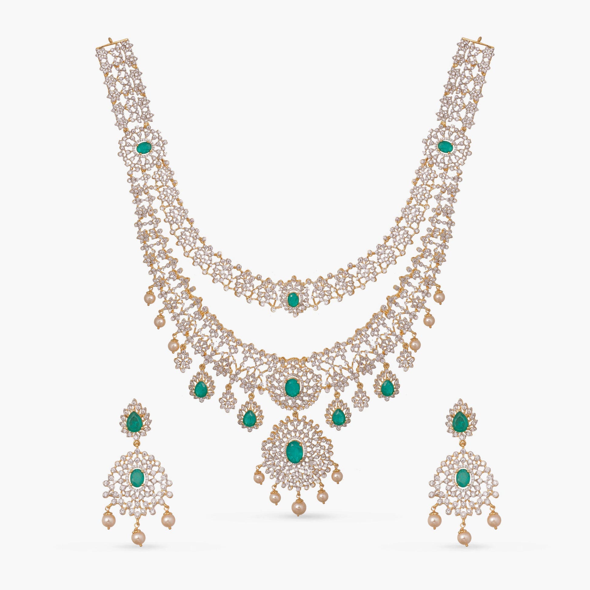 Rhea Double Layered CZ Silver Necklace Set