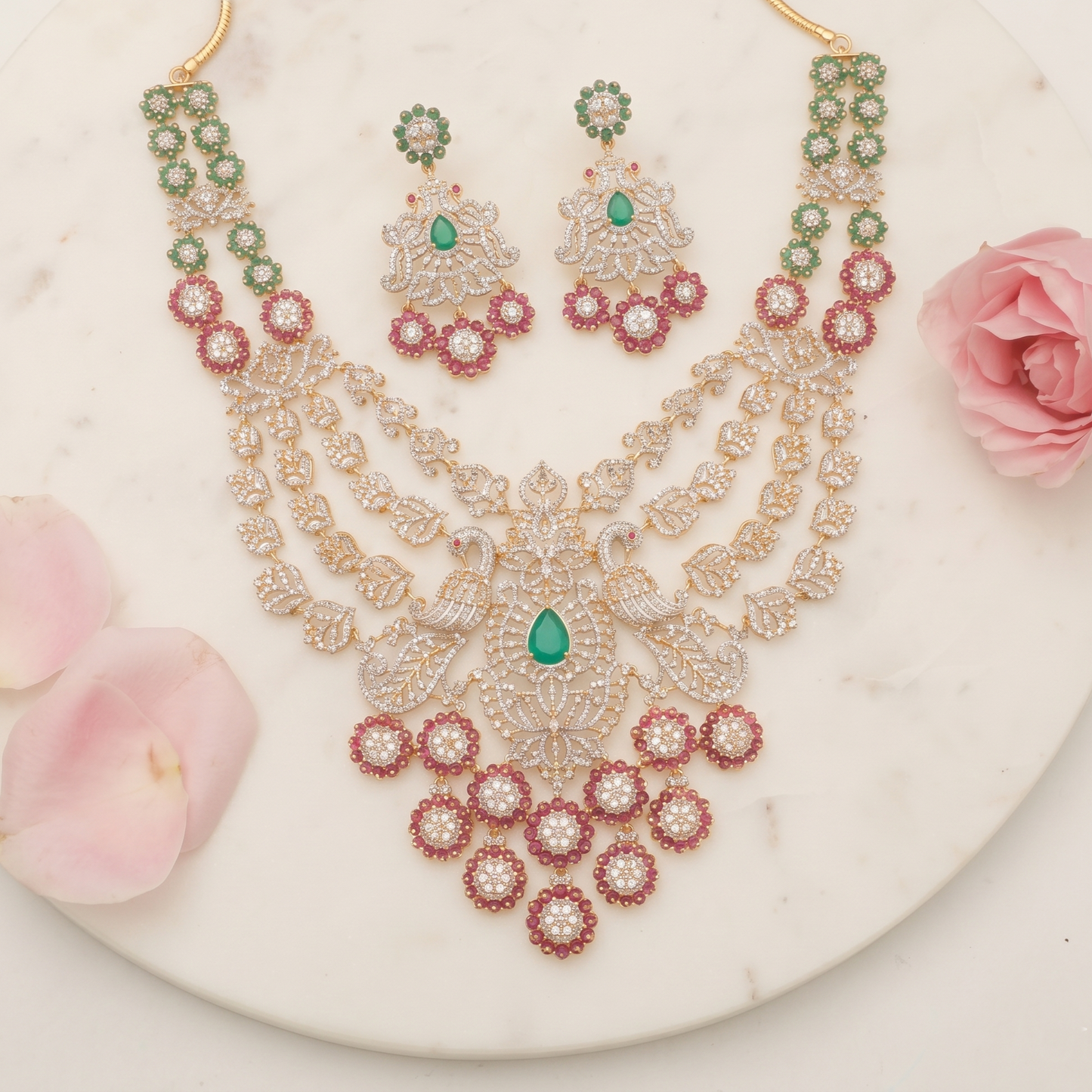 Sitara CZ Layered Silver Necklace Set