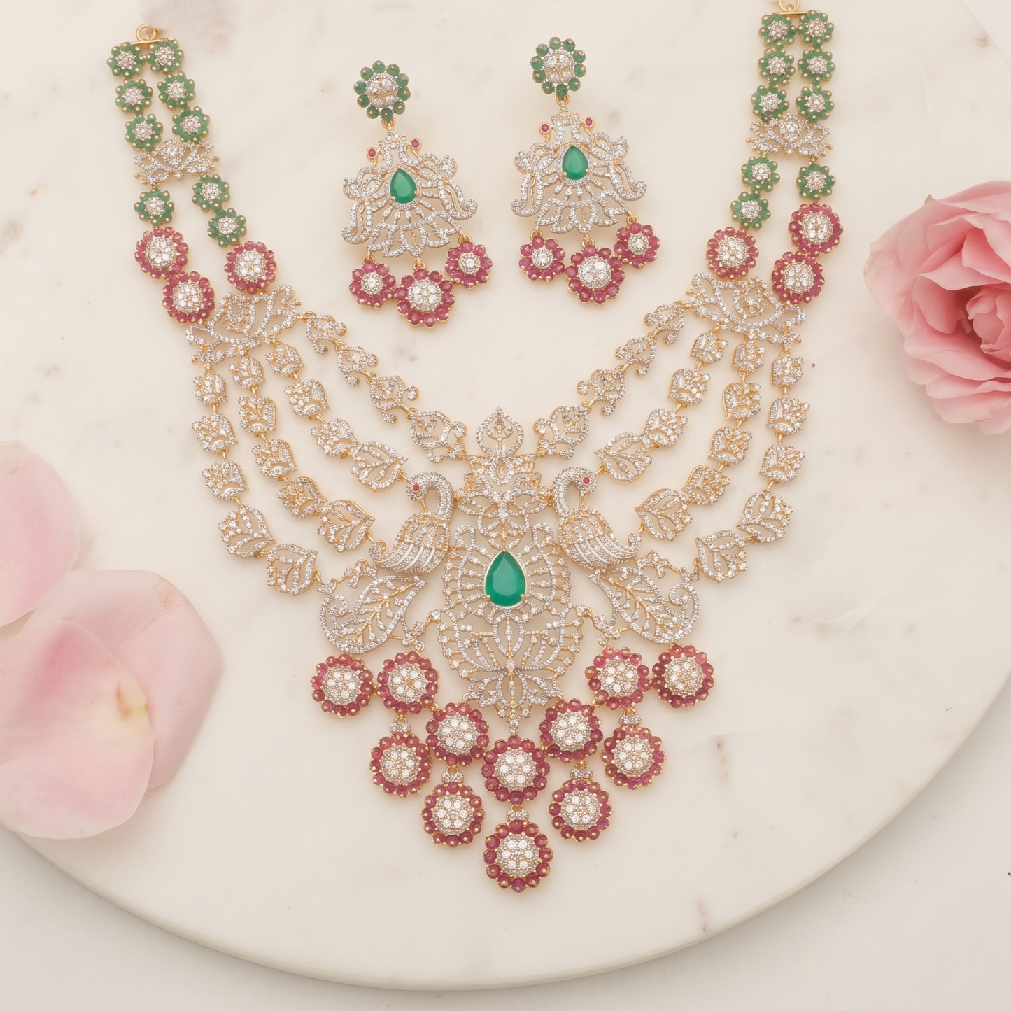 Sitara CZ Layered Silver Necklace Set