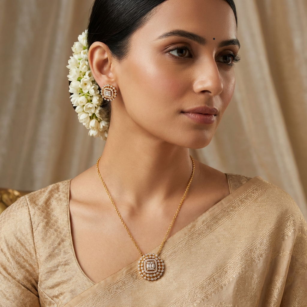 Halo Shine CZ Silver Pendant Set