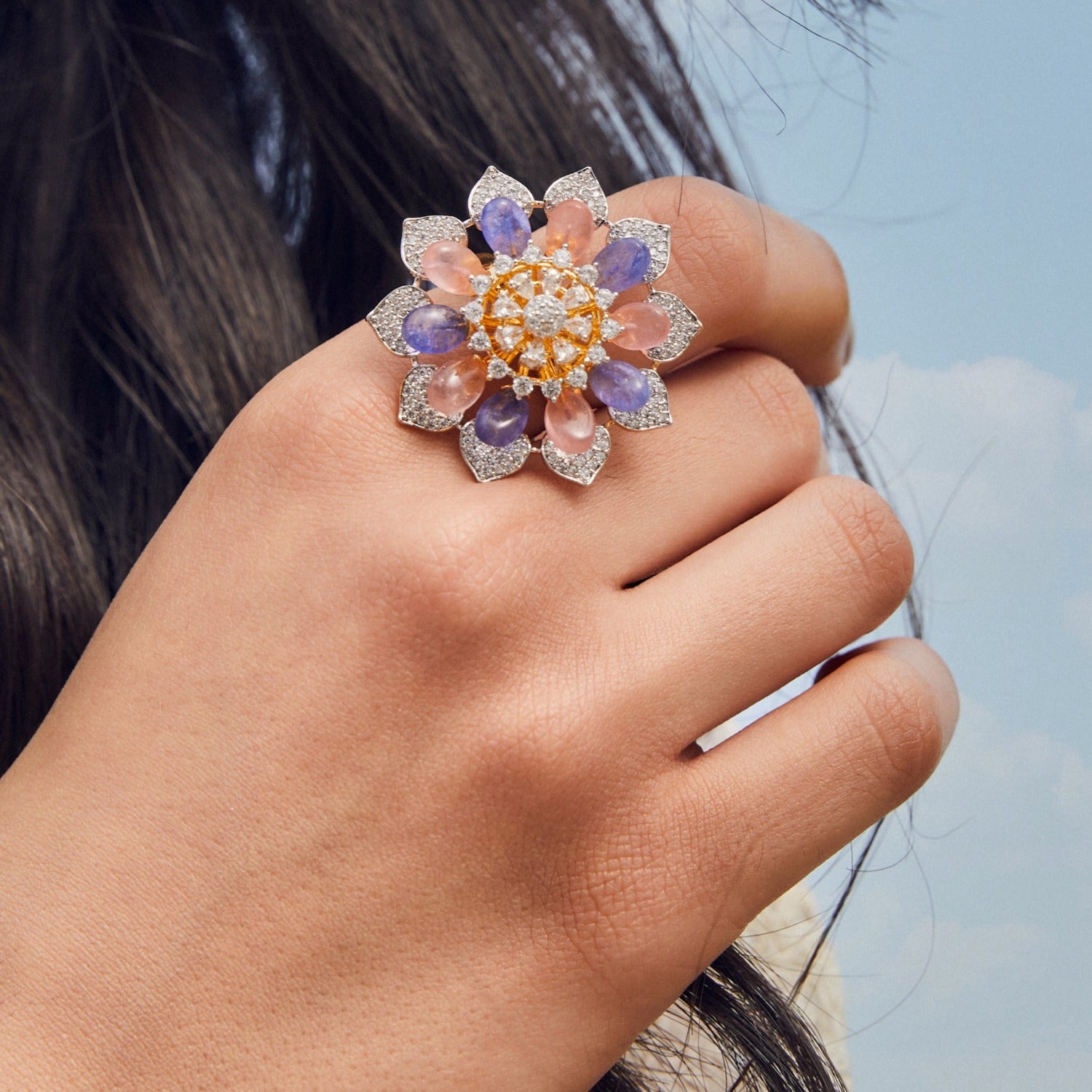 Floral Bloom CZ Silver Finger Ring