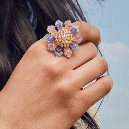 Floral Bloom CZ Silver Finger Ring