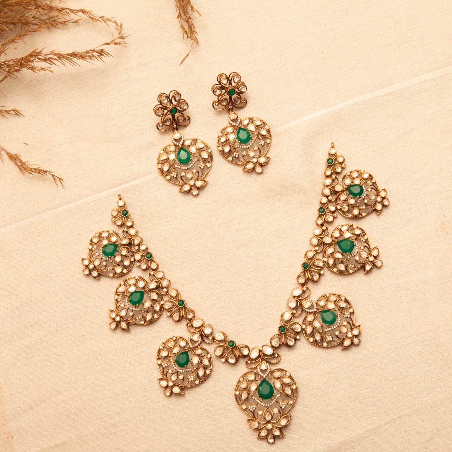 Emerald Floral Moissanite Silver Necklace Set