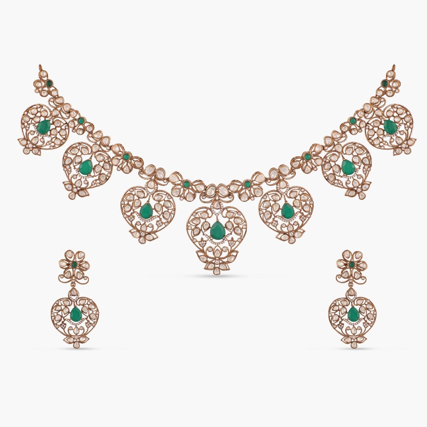 Emerald Floral Moissanite Silver Necklace Set
