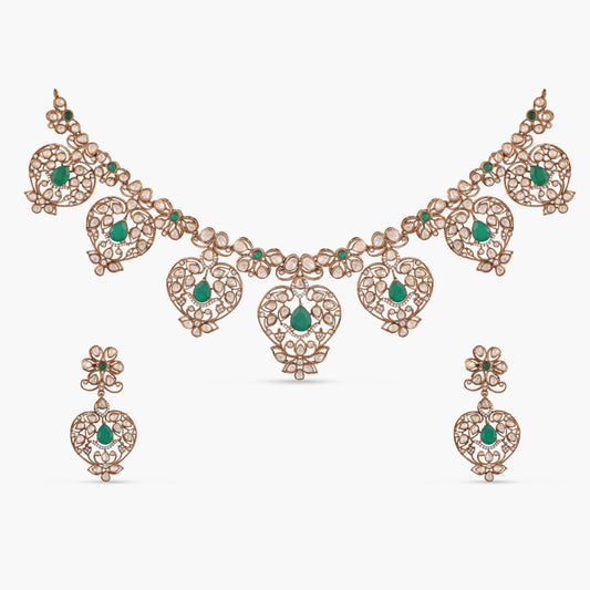 Emerald Floral Moissanite Silver Necklace Set