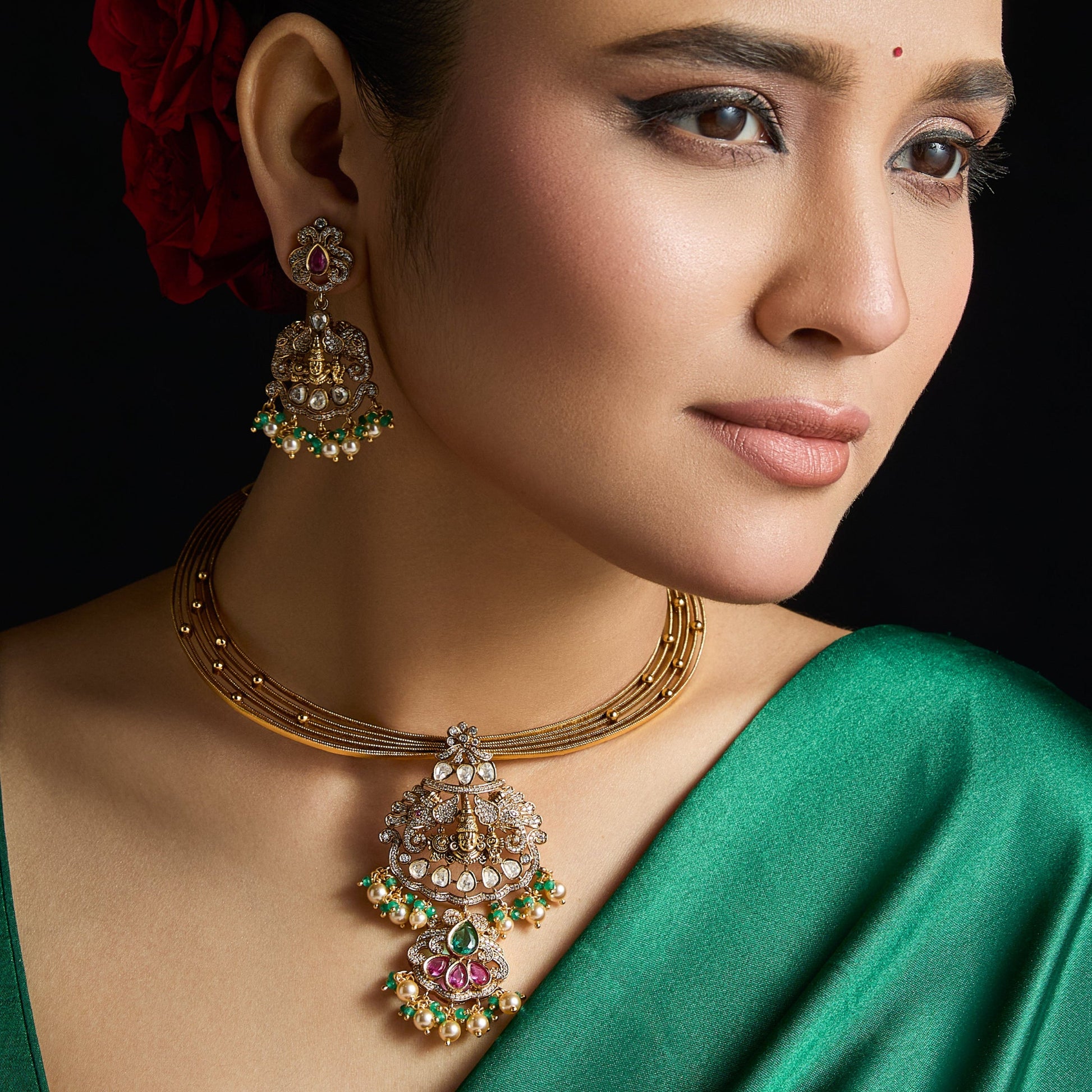 Vedika Kempu Antique Silver Necklace Set