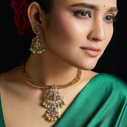 Vedika Kempu Antique Silver Necklace Set