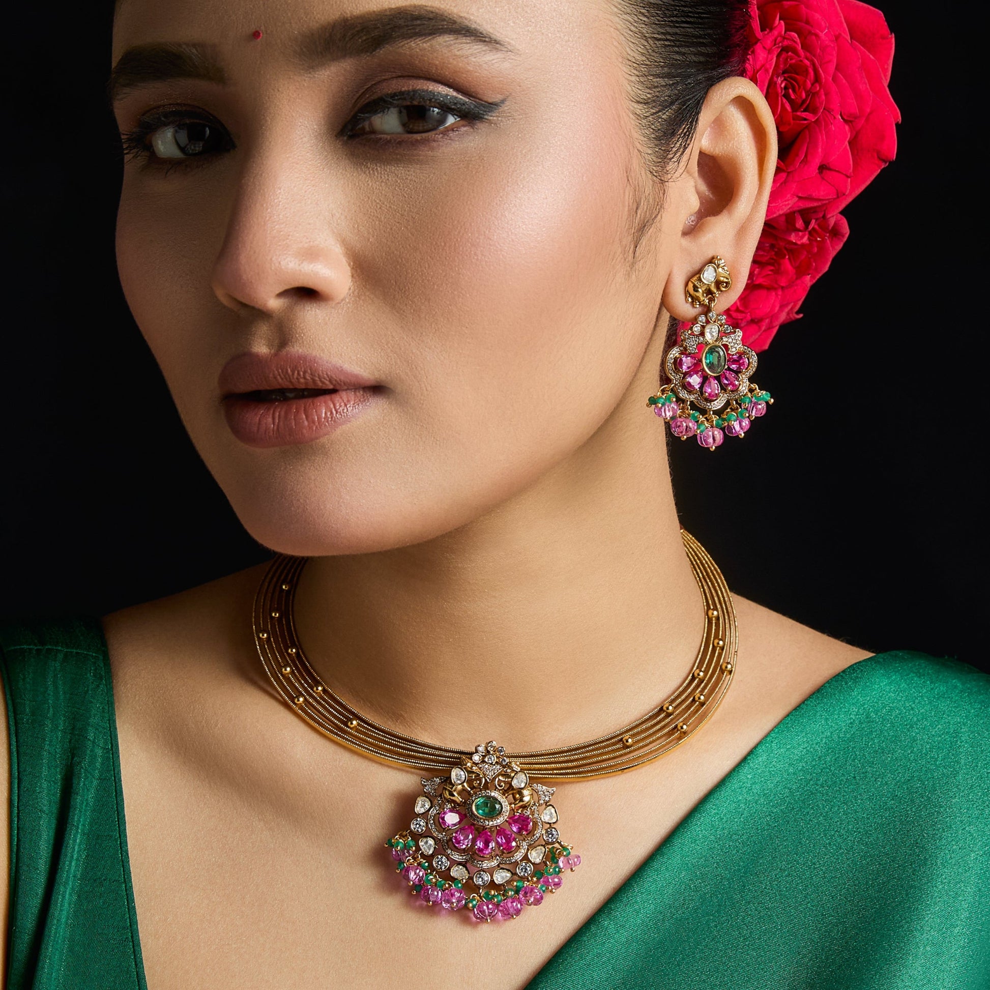 Hansini Kempu Antique Silver Necklace Set