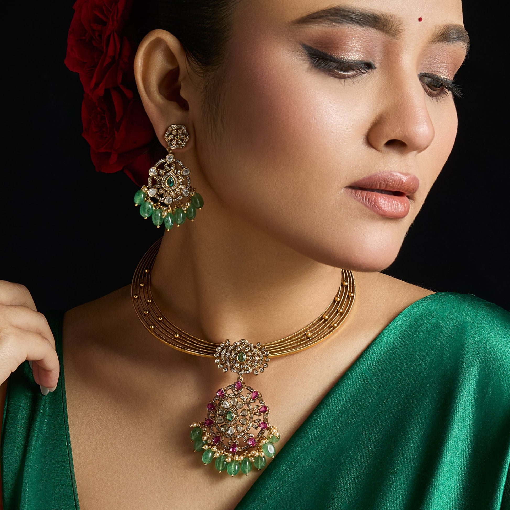 Pranika Kempu Antique Silver Necklace Set