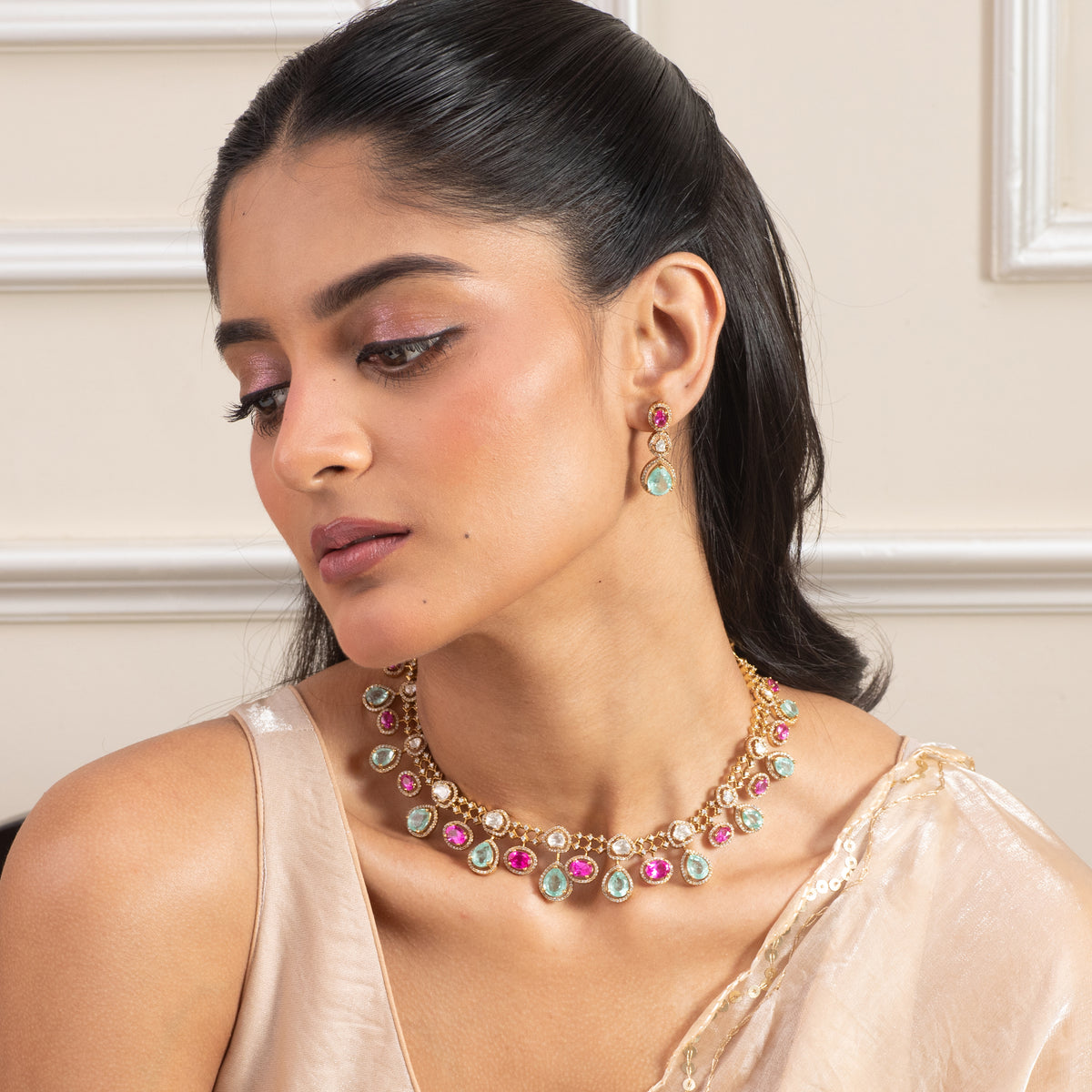 Meherzin Moissanite Silver Necklace Set