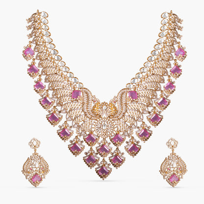 Meenal Moissanite Silver Peacock Necklace Set