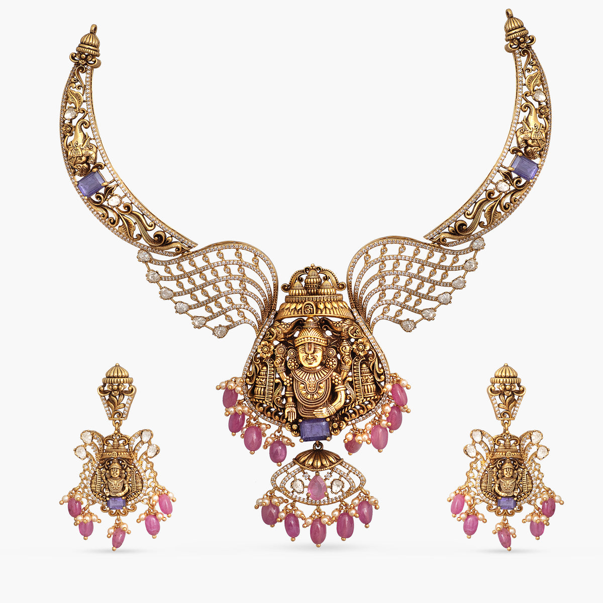 Devika Moissanite Silver Temple Necklace Set