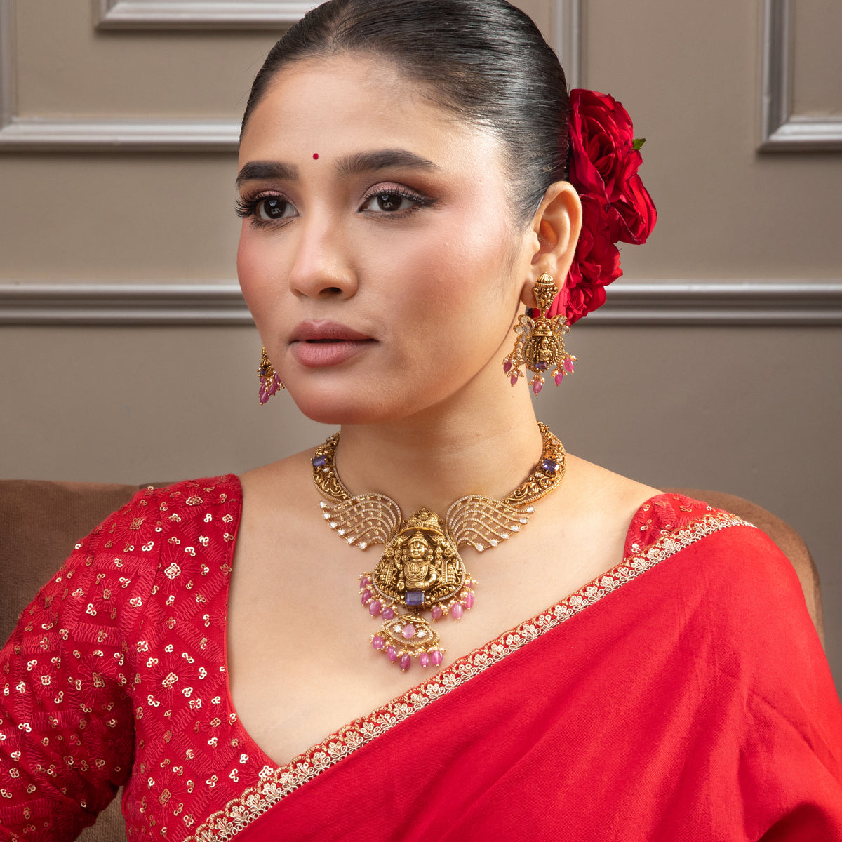 Devika Moissanite Silver Temple Necklace Set