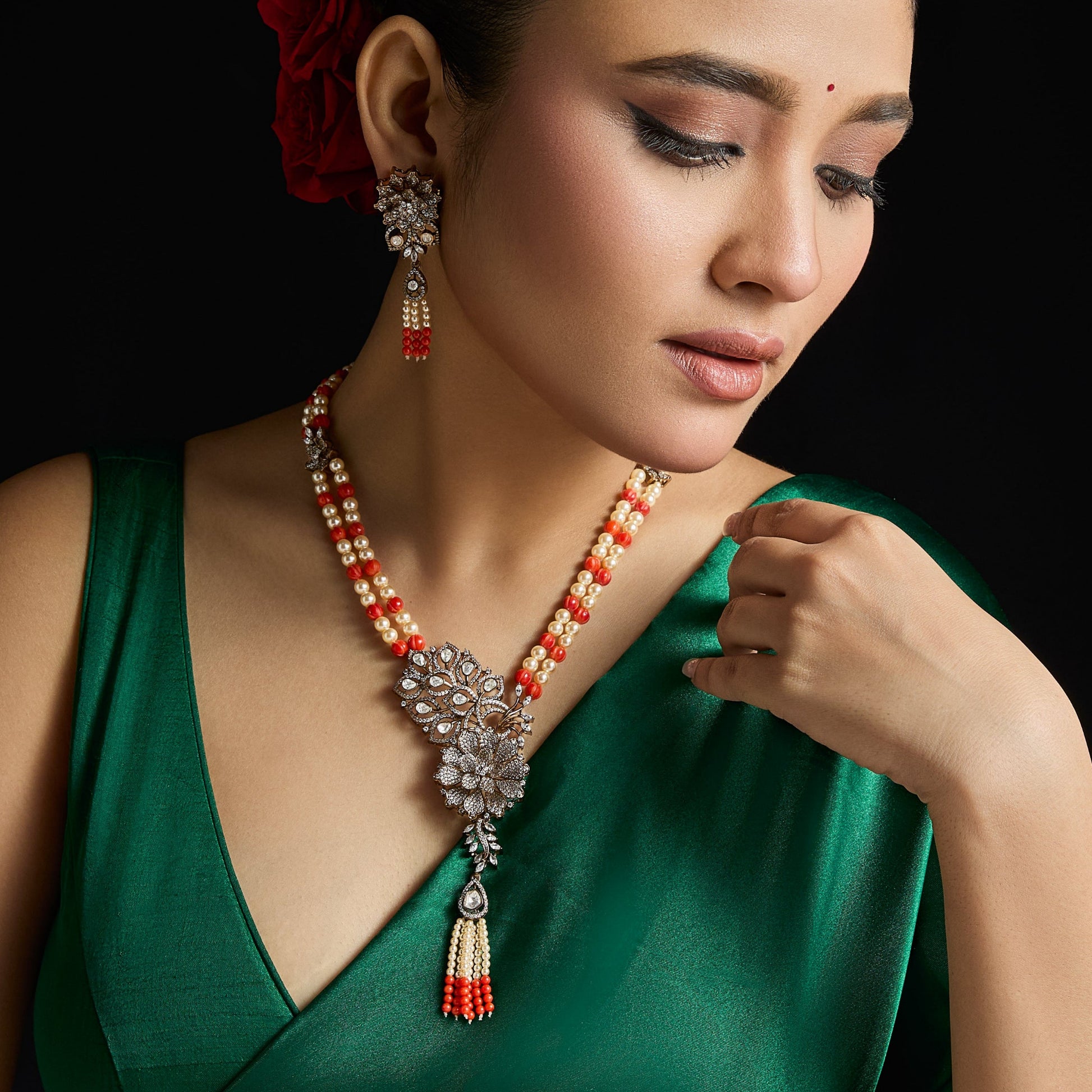 Amara Moissanite Beaded Silver Necklace Set