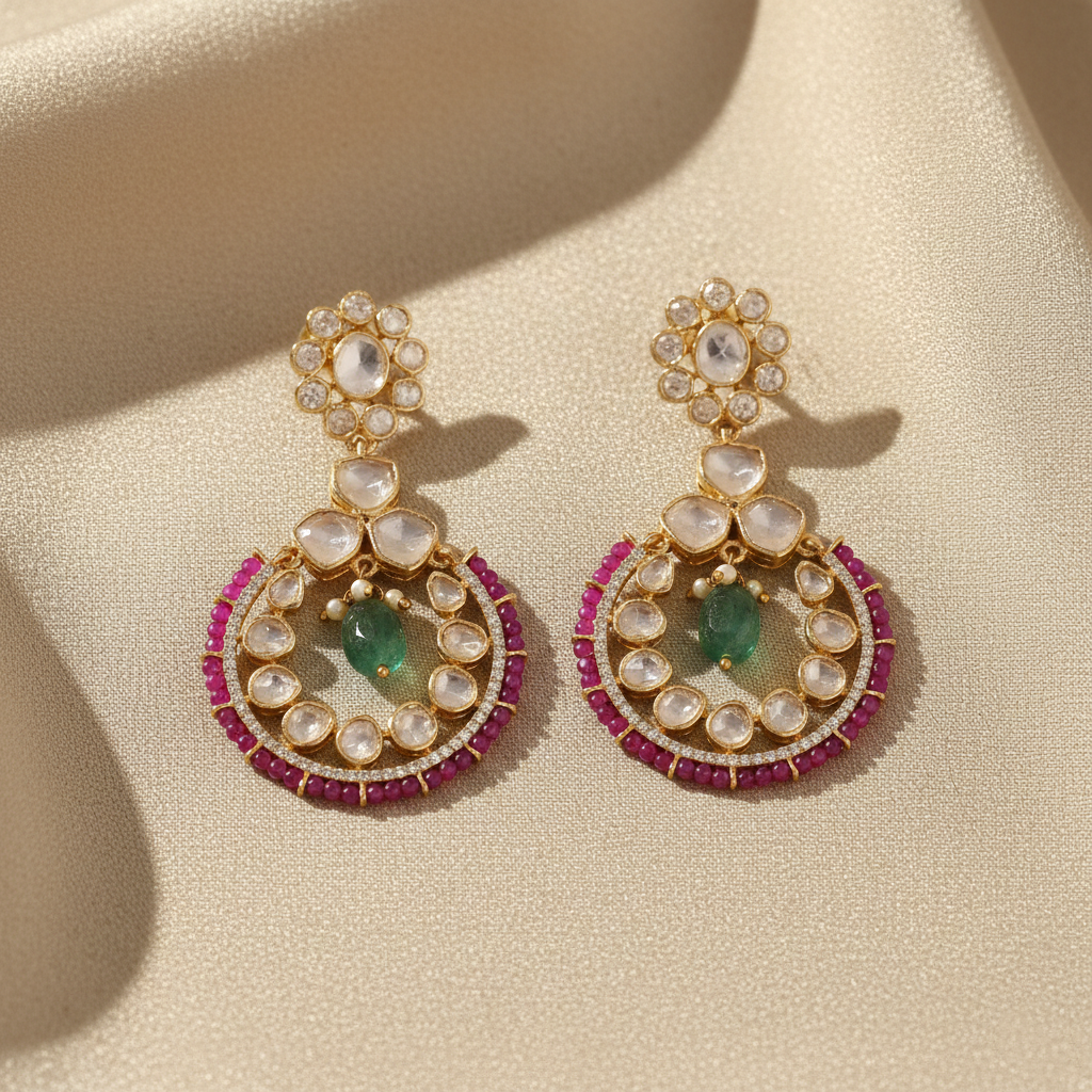 Classic Floral Moissanite Silver Chandbali Earrings