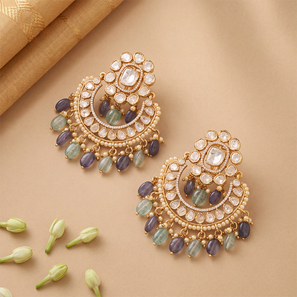 Aqua Moissanite Silver Chandbali Earrings