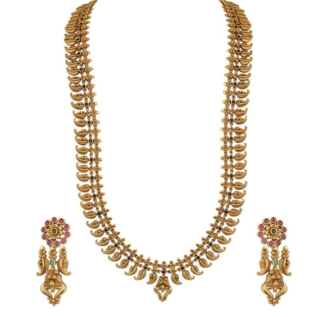 Swara Mango Motif Silver Long Necklace Set