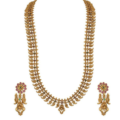 Swara Mango Motif Silver Long Necklace Set