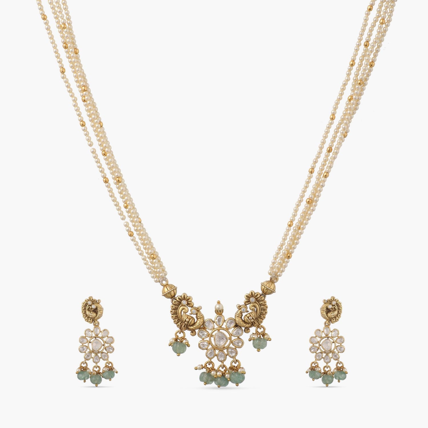 Pearl-Adorned Peacock Silver Moissanite Necklace Set