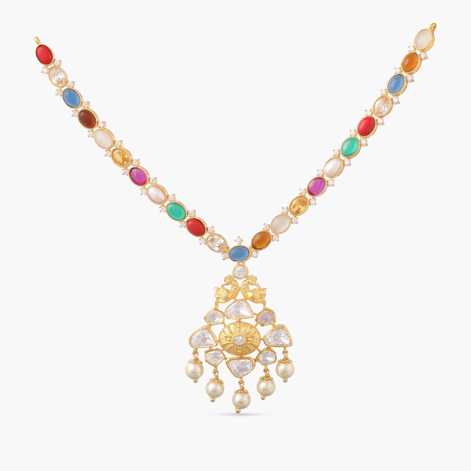  Moissanites and Peacock Motif  Navratna Silver Necklace 