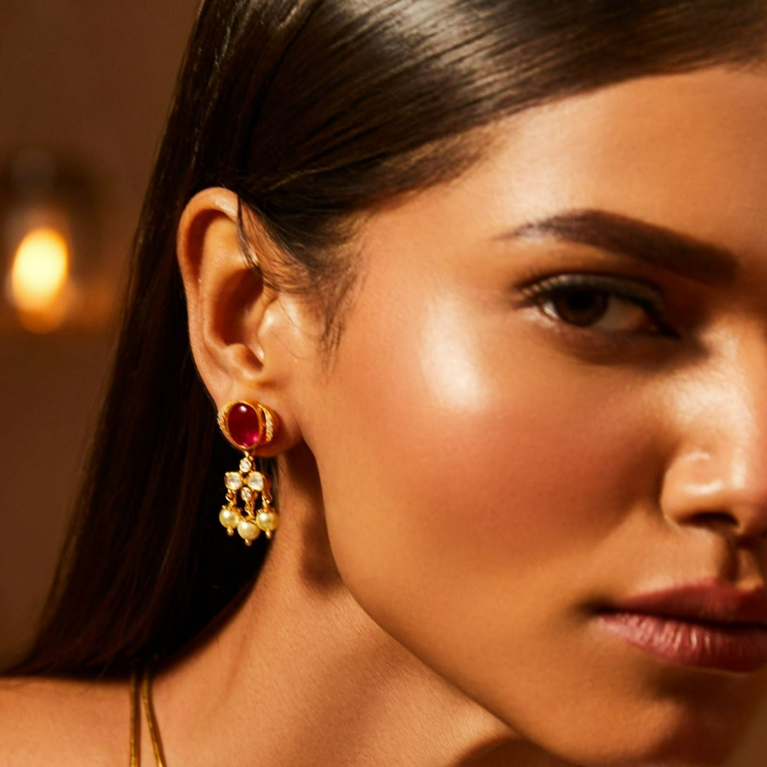 Red Hues Moissanite and Pearls Drop Earrings