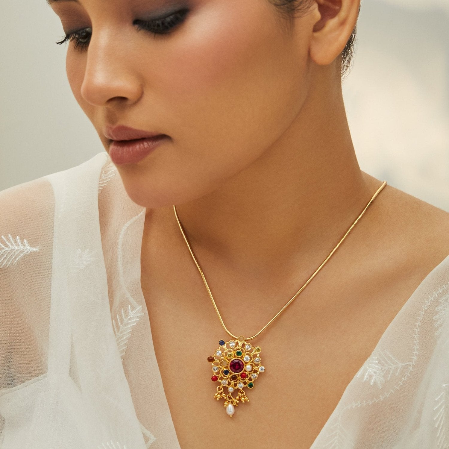 Harmony Navratna Silver Pendant Necklace