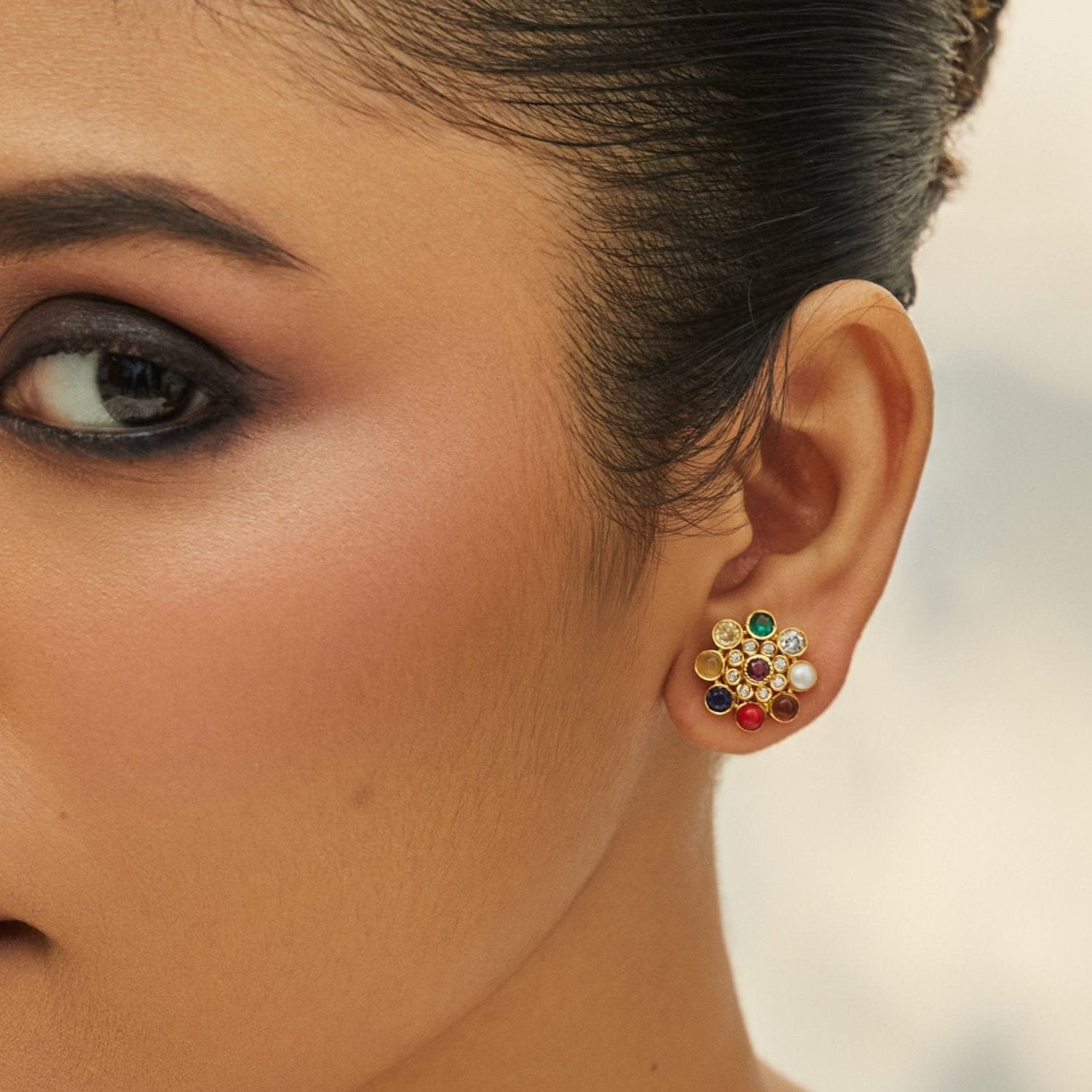 Varnika Navaratna Silver Stud Earrings