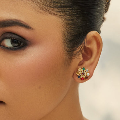 Varnika Navaratna Silver Stud Earrings
