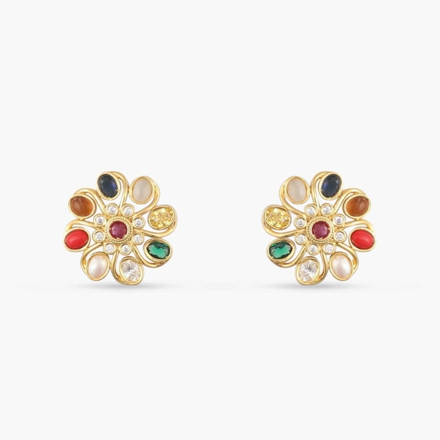 Floral Elegance Navaratna Stud Earrings