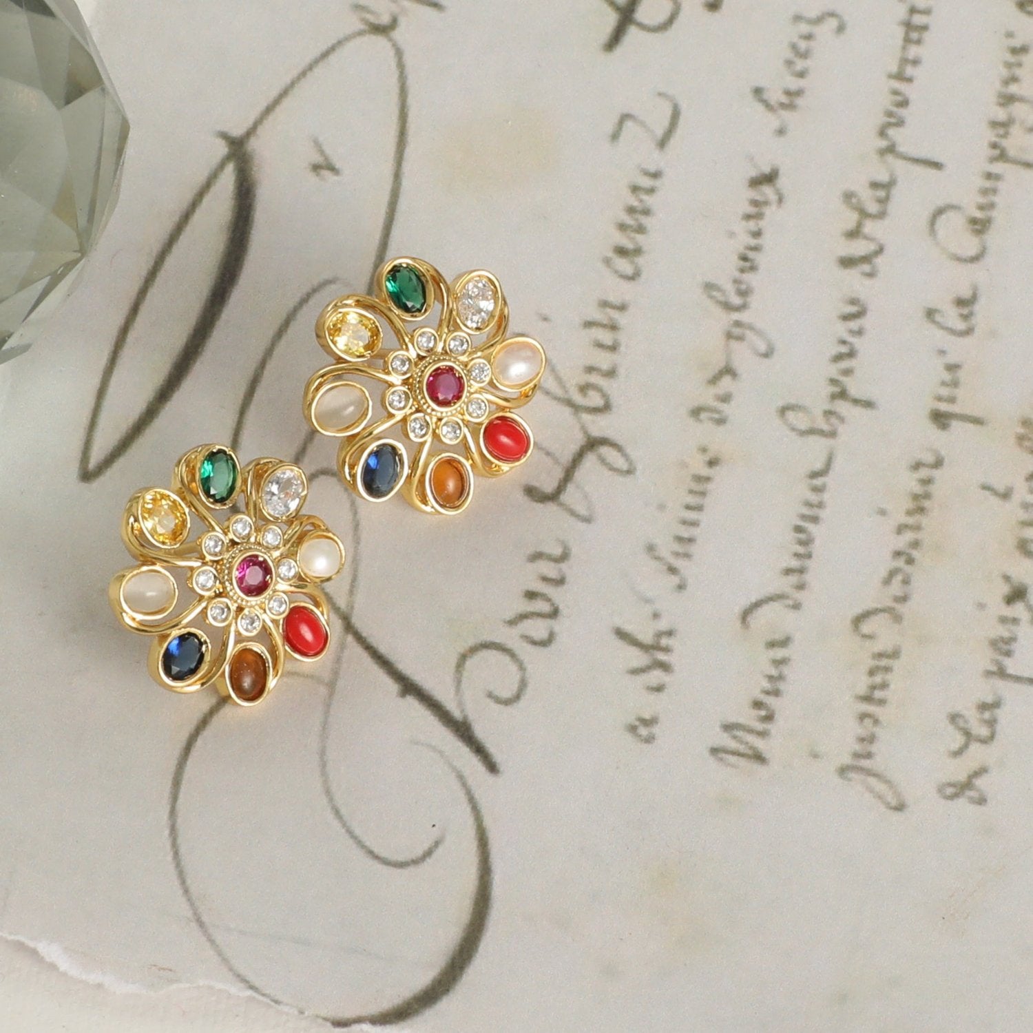 Floral Elegance Navaratna Stud Earrings