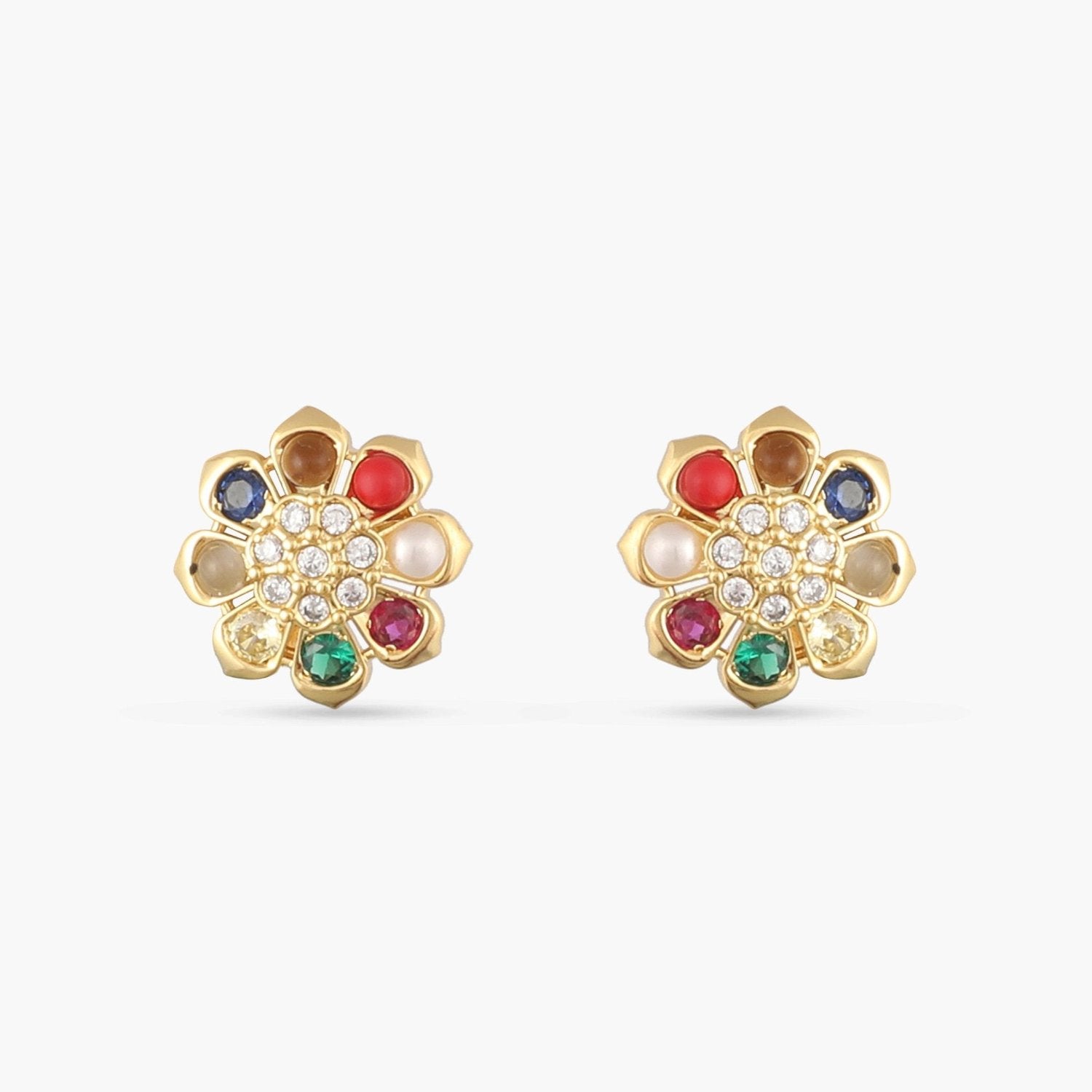 Navaratna Blossom Silver Stud Earrings