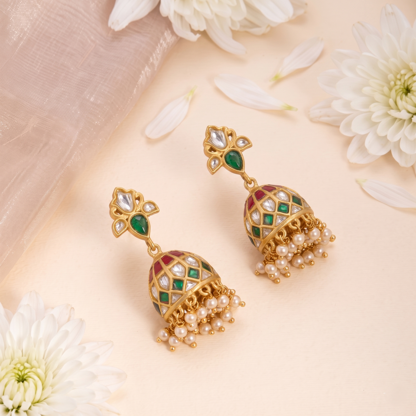 Pushpa Kempu Jadau Silver Jhumka Earrings