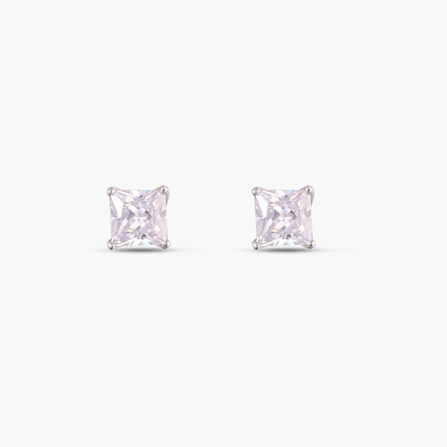 Classic Princess Cut CZ  Solitaire  Silver Stud Earrings, Medium