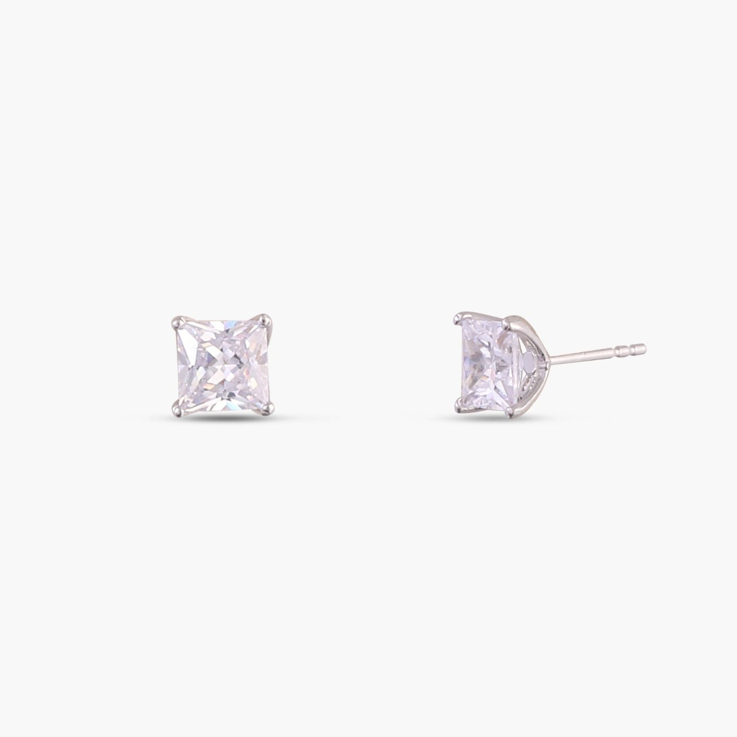 Classic Princess Cut CZ  Solitaire  Silver Stud Earrings, Medium