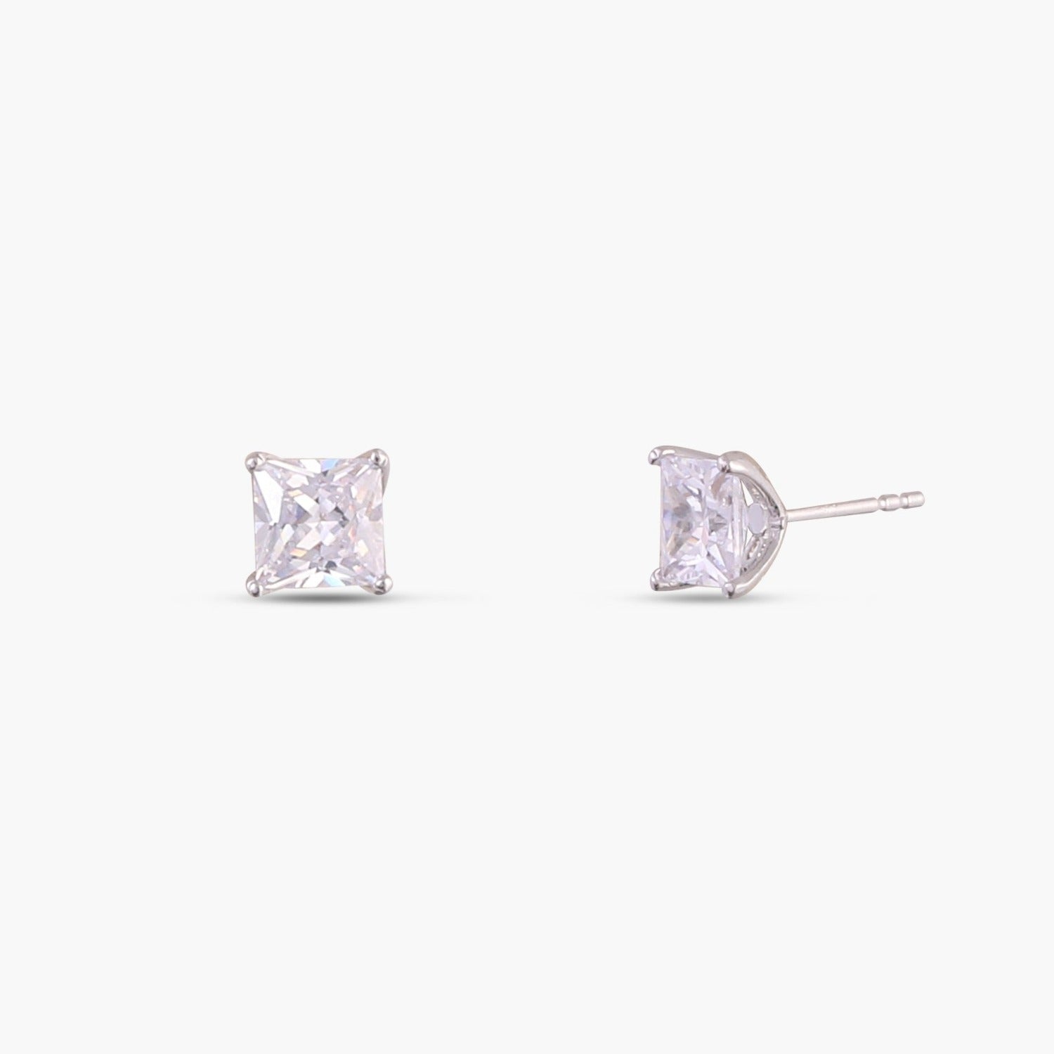 Classic Princess Cut CZ  Solitaire  Silver Stud Earrings, Medium