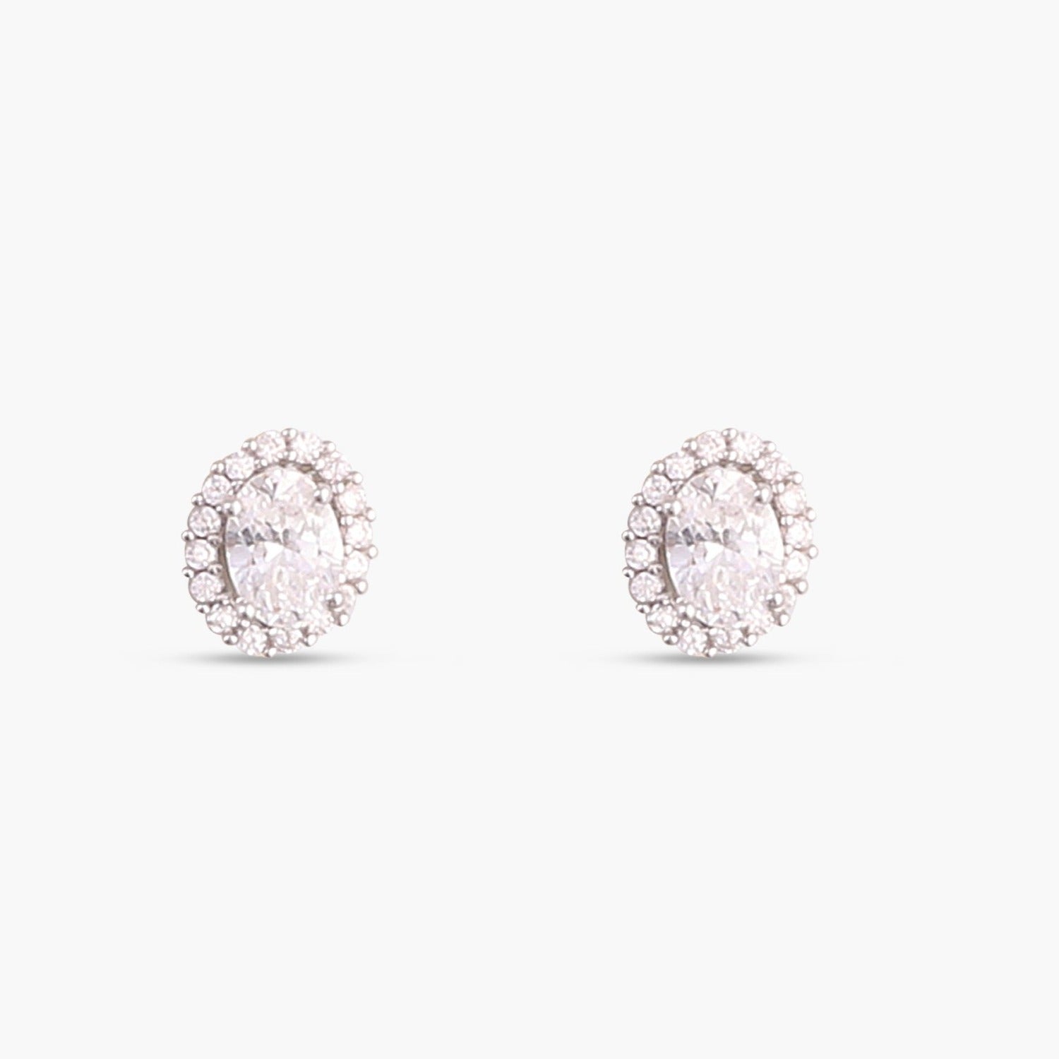 Oval CZ Solitaire and Halo Ear jacket Silver Stud Earrings