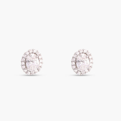Oval CZ Solitaire and Halo Ear jacket Silver Stud Earrings