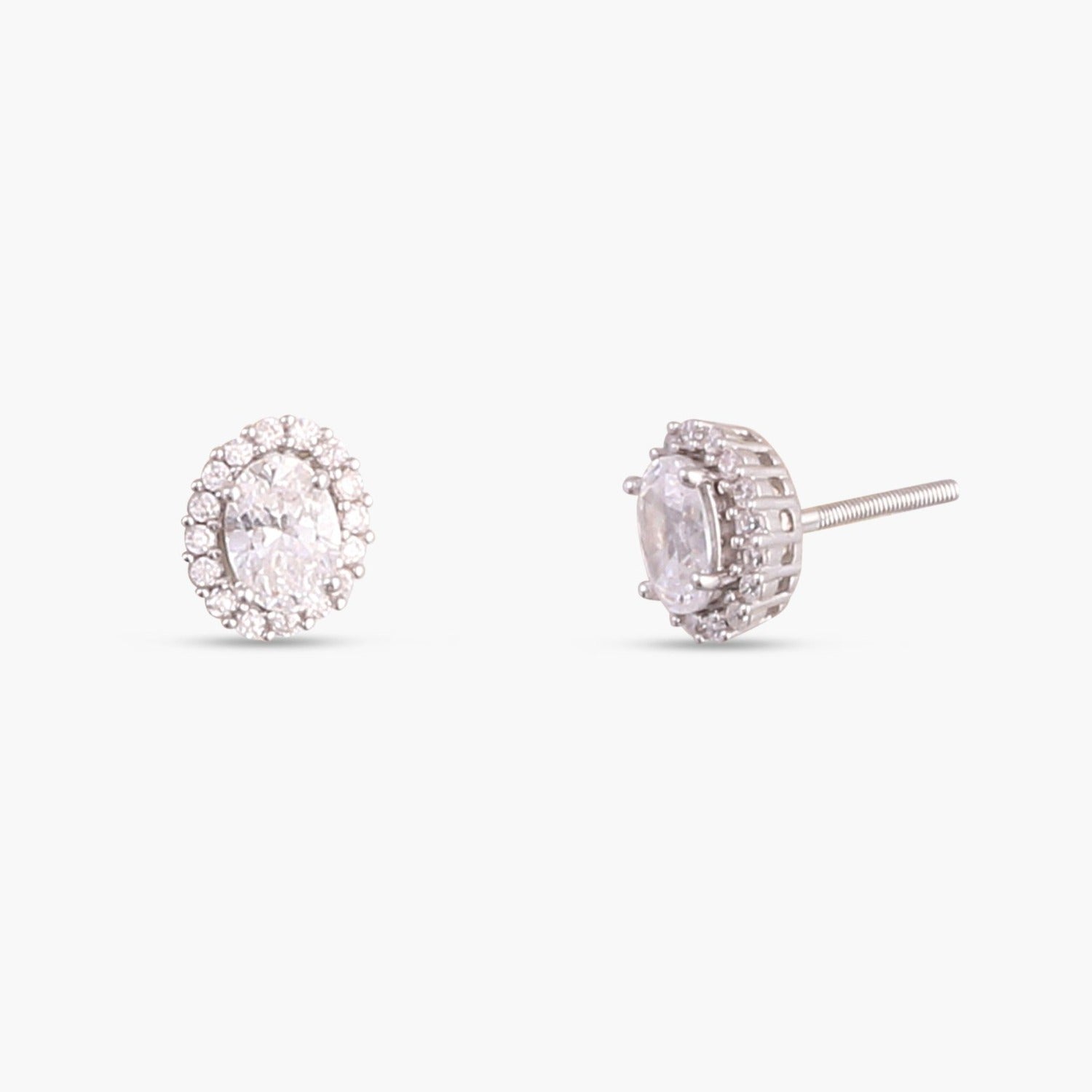 Oval CZ Solitaire and Halo Ear jacket Silver Stud Earrings