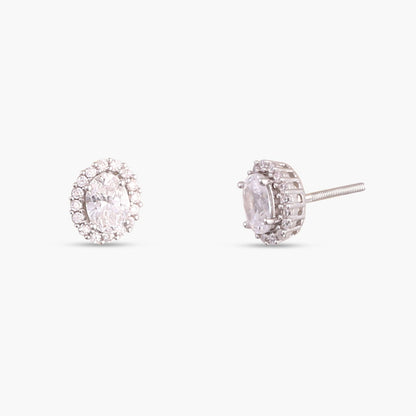 Oval CZ Solitaire and Halo Ear jacket Silver Stud Earrings