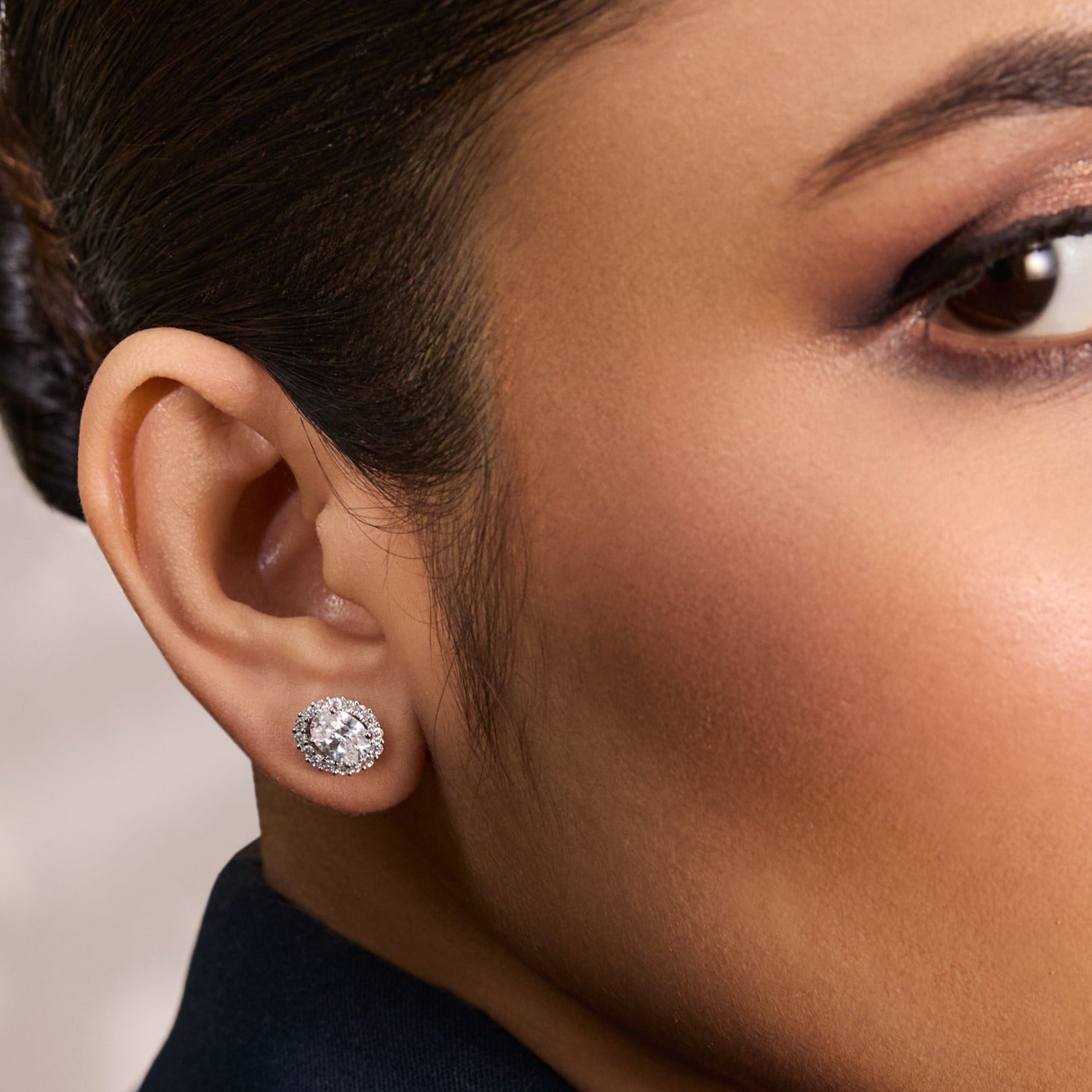 Oval CZ Solitaire and Halo Ear jacket Silver Stud Earrings