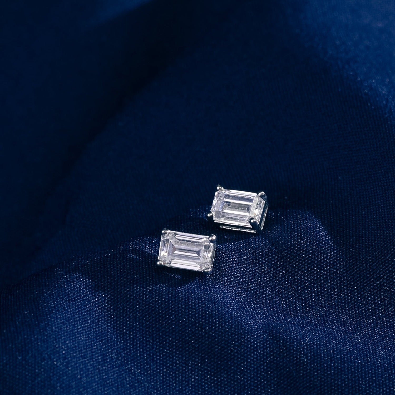 Classic Emerald cut CZ Solitaire Silver Stud Earrings, Mini