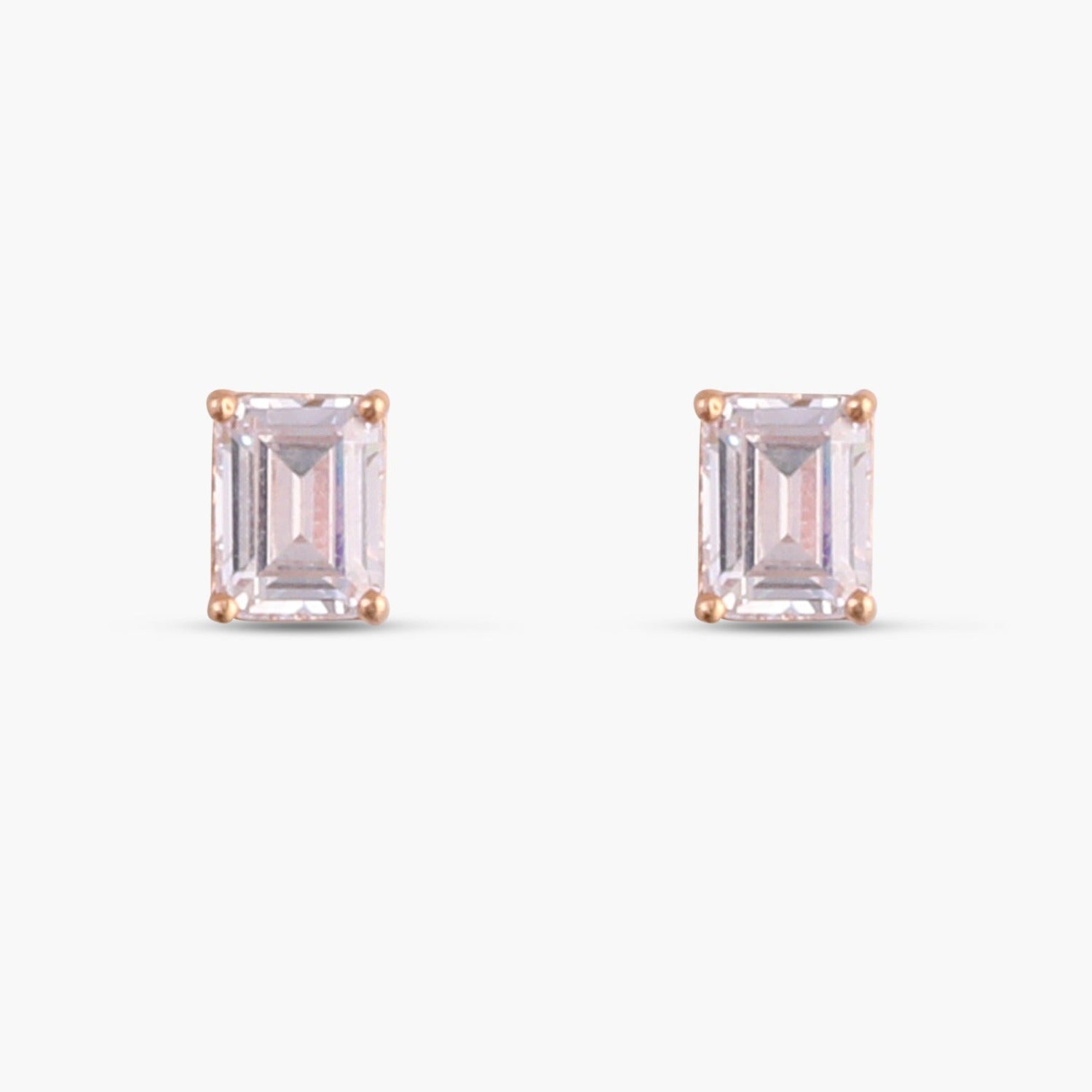 Classic Emerald cut Solitaire Silver Stud Earrings, Medium