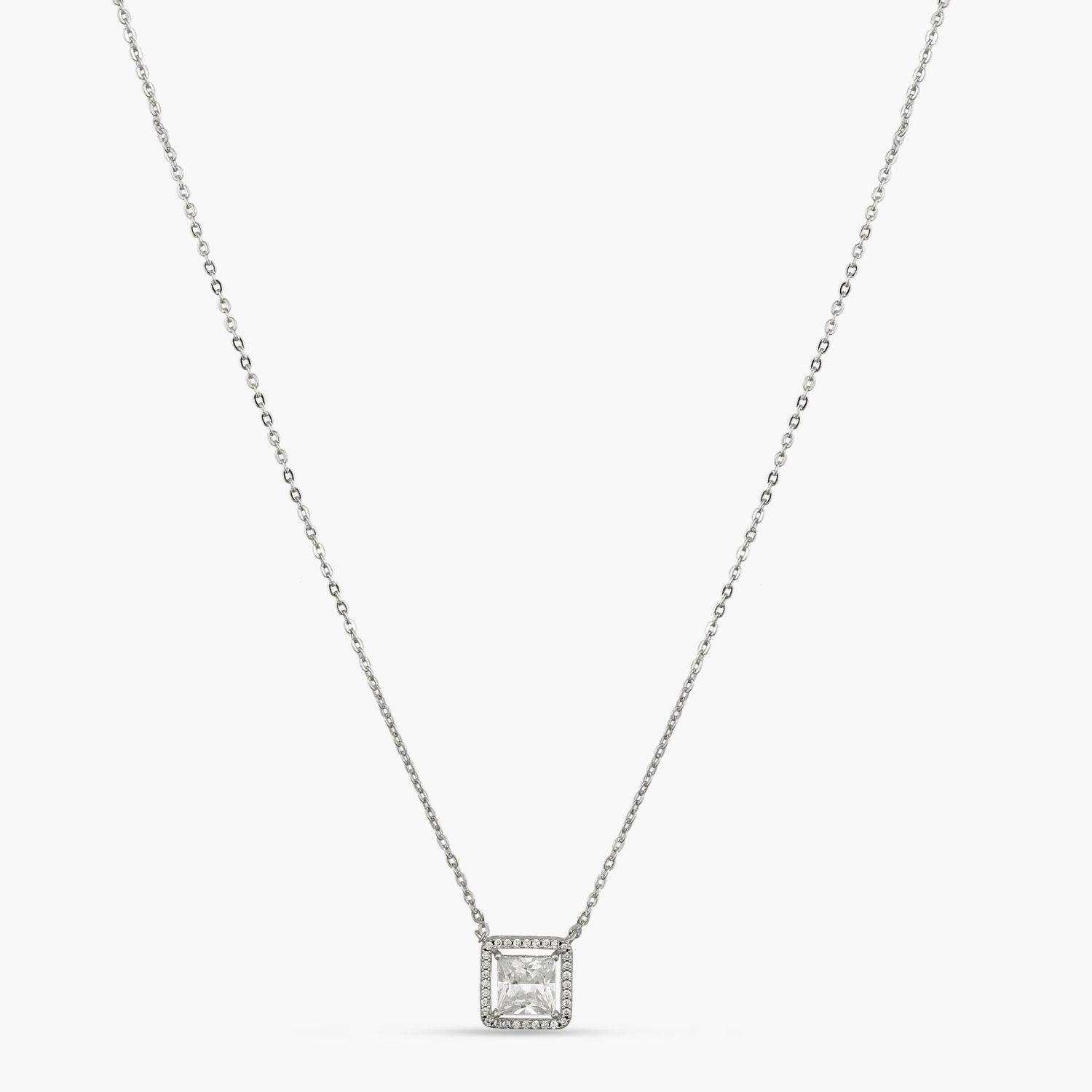 Squared Brilliance CZ Silver Pendant Necklace