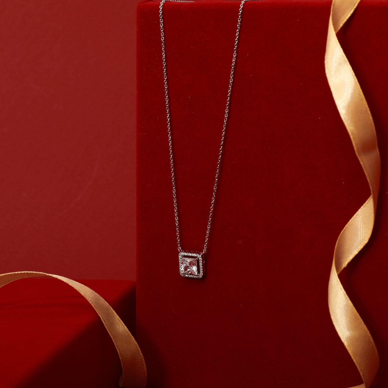 Squared Brilliance CZ Silver Pendant Necklace